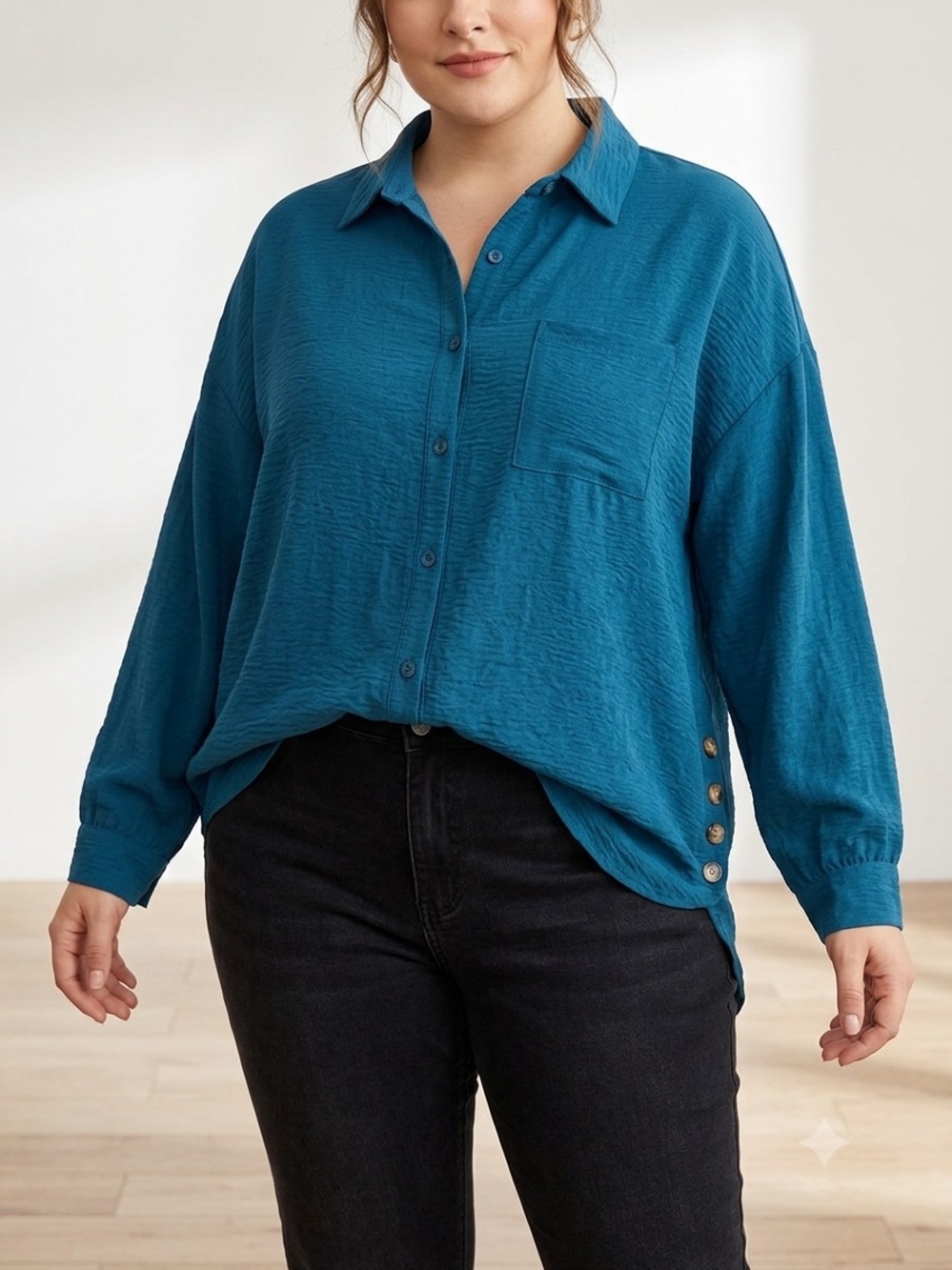 Como Black Womens Teal Flowy Button Down Blouse-3x✨